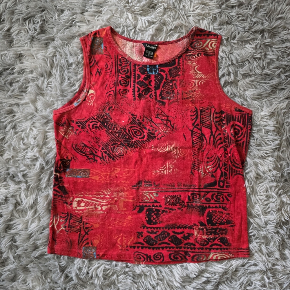 Raakhee Red Tribal W/ Sequins Tank Top - Size Large